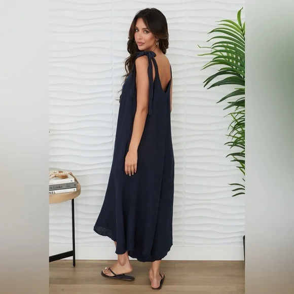 (9879/255108-SOL-NVY) TIE SHOULDER V-NECK LINEN JUMPSUIT - Picture 3 of 3